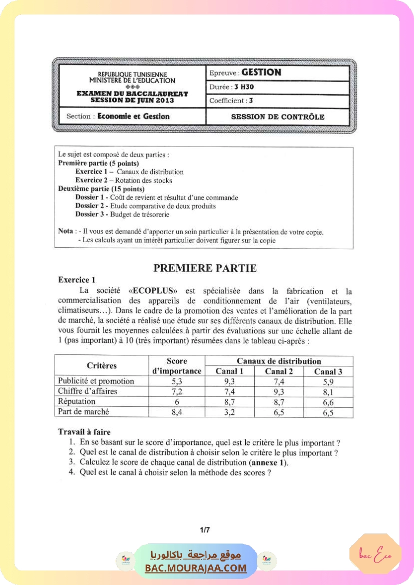 Sujet controle gestion Bac 2013 – Section eco
